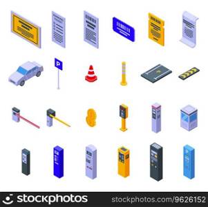 Parking ticket icons set isometric vector. Park car. Lot pay machine. Parking ticket icons set isometric vector. Park car