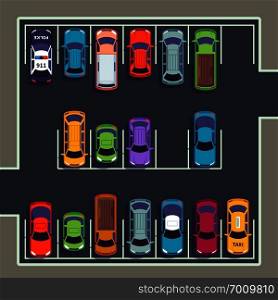 Parking top view. Many cars on parking zone, different vehicles in parked lot from above. Auto vector infographic illustration. Parking top view. Many cars on parking zone, different vehicles in parked lot from above. Auto vector infographic