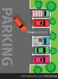 Parking Top View Vector Web Banner in Flat Design. City parking vector web banner. Flat style. Shortage parking spaces. Large number of cars in a crowded parking. Urban infrastructure and car boom. For rental, architectural company web page design