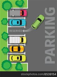 Parking Top View Vector Web Banner in Flat Design. City parking vector web banner. Flat style. Shortage parking spaces. Large number of cars in a crowded parking. Urban infrastructure and car boom. For rental, architectural company web page design