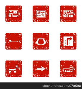 Parking way icons set. Grunge set of 9 parking way vector icons for web isolated on white background. Parking way icons set, grunge style