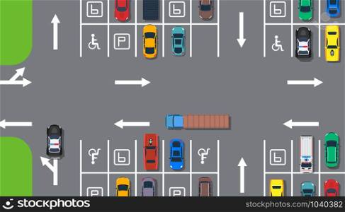 Parking zone car top view aerial construction illustration. Road street traffic transport concept. City place area public space. Garage regulation line. Many reserved slot banner.