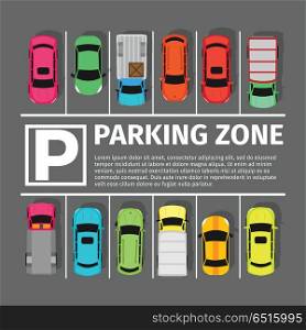 Parking Zone Conceptual Web Banner. Vector. Parking zone conceptual web banner. Parking place sign symbol. Parking lot or car park. City parking structure. Parkade. Shortage parking spaces. Large number of cars in crowded parking. Urban infrastructure. Vector