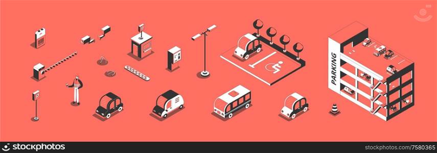 Parking zone elements and different cars isometric icons set 3d isolated vector illustration