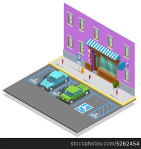 Parking Zone Isometric Template. Parking zone isometric template with cars empty disabled lot near building vector illustration
