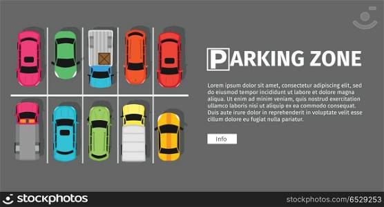 Parking Zone Top View. City parking vector web banner. Flat style. Shortage parking spaces. Large number of cars in a crowded parking. Urban infrastructure and car boom. Parking zone