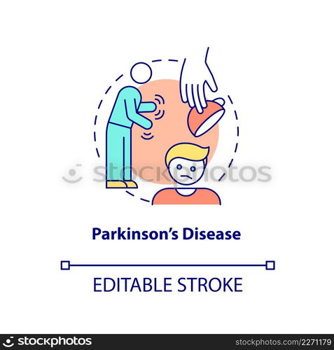 Parkinson disease concept icon. Nervous system illness. Asking palliative care abstract idea thin line illustration. Isolated outline drawing. Editable stroke. Arial, Myriad Pro-Bold fonts used. Parkinson disease concept icon