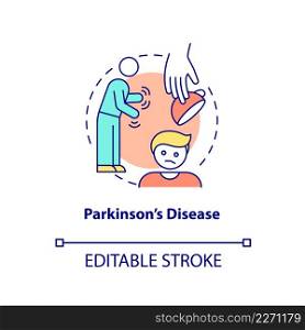 Parkinson disease concept icon. Nervous system illness. Asking palliative care abstract idea thin line illustration. Isolated outline drawing. Editable stroke. Arial, Myriad Pro-Bold fonts used. Parkinson disease concept icon