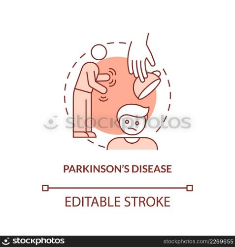 Parkinson disease orange concept icon. Nervous system illness. Asking palliative care abstract idea thin line illustration. Isolated outline drawing. Editable stroke. Arial, Myriad Pro-Bold fonts used. Parkinson disease orange concept icon