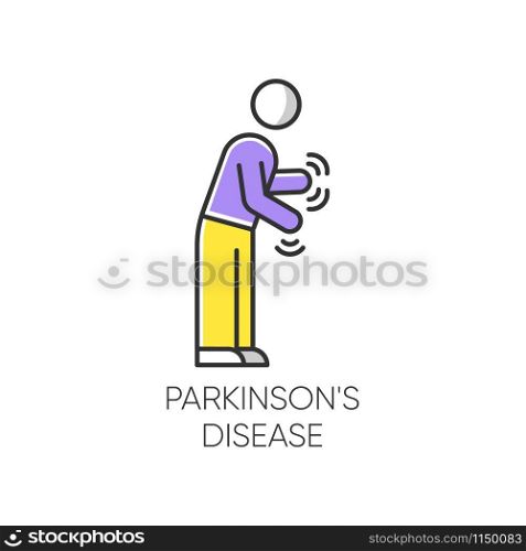 Parkinson&rsquo;s disease color icon. Movement and walking difficulty. Shaking and rigidity. Parkinsonism. Parkinsonian syndrome. Mental health issue. Psychiatry, neurology. Isolated vector illustration