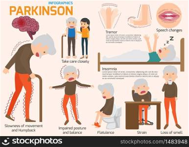 Parkinson&rsquo;s disease infographics elements. Elderly people. diseases, disorders and other health problems. Symptoms and prevention Health and medical vector illustration.