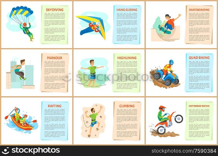 Parkour and wall climbing activity vector, extreme sports, hang gliding and highlining, rafting in boat and skateboarding of person, quad biking set. Climbing and Bungee Jumping, Parkour Webpages