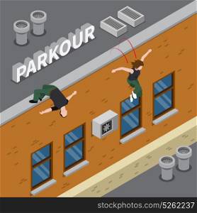 Parkour Isometric Illustration. Parkour isometric design with man and girl in dark clothing jumping from roof of building vector illustration