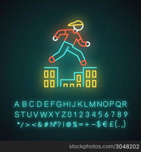 Parkour neon light icon. Traceur running in city environment. Traversing obstacles. Person jumping in urban space. Glowing sign with alphabet, numbers and symbols. Vector isolated illustration
