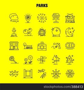 Parks Line Icons Set For Infographics, Mobile UX/UI Kit And Print Design. Include: Drums, Instrument, Music, Map, Location, Park, Parking, World, Icon Set - Vector