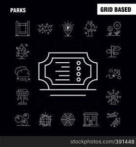 Parks Line Icons Set For Infographics, Mobile UX/UI Kit And Print Design. Include: Drums, Instrument, Music, Map, Location, Park, Parking, World, Icon Set - Vector