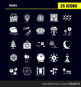 Parks Solid Glyph Icons Set For Infographics, Mobile UX/UI Kit And Print Design. Include: Drums, Instrument, Music, Map, Location, Park, Parking, World, Icon Set - Vector