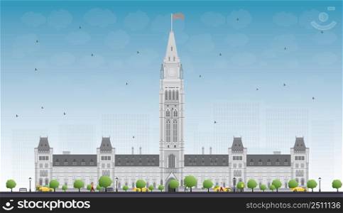 Parliament Building in Ottawa, Canada. Vector illustration. Business Travel and Tourism Concept with Historic Building. Image for Presentation Banner Placard and Web Site.