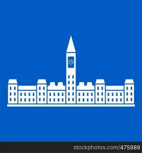 Parliament Building of Canada icon white isolated on blue background vector illustration. Parliament Building of Canada icon white