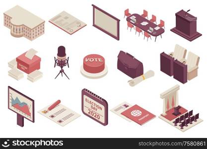 Parliament government set with isometric icons and isolated images of state house furniture and election ballots vector illustration