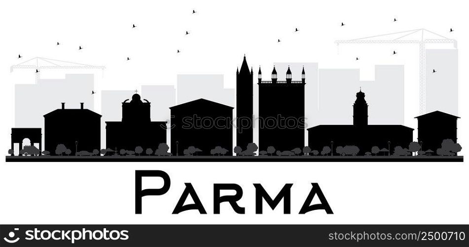 Parma City skyline black and white silhouette. Vector illustration. Simple flat concept for tourism presentation, banner, placard or web site. Business travel concept. Cityscape with landmarks
