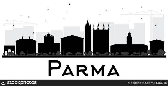 Parma City skyline black and white silhouette. Vector illustration. Simple flat concept for tourism presentation, banner, placard or web site. Business travel concept. Cityscape with landmarks