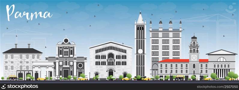 Parma Skyline with Gray Buildings and Blue Sky. Vector Illustration. Business Travel and Tourism Concept with Historic Buildings. Image for Presentation Banner Placard and Web Site.