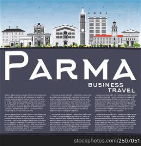Parma Skyline with Gray Buildings, Blue Sky and Copy Space. Vector Illustration. Business Travel and Tourism Concept with Historic Buildings. Image for Presentation Banner Placard and Web Site.
