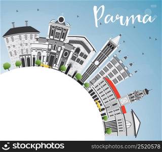 Parma Skyline with Gray Buildings, Blue Sky and Copy Space. Vector Illustration. Business Travel and Tourism Concept with Historic Architecture. Image for Presentation Banner Placard and Web Site.