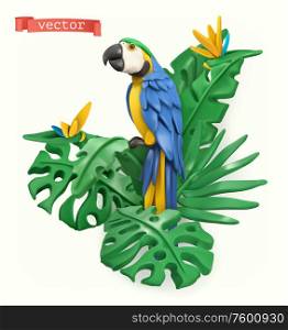 Parrot and tropical leaves. Summer time concept. 3d vector objects. Plasticine art illustration