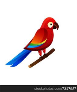 Parrot at pet shop sitting on wooden branch, parrot with colorful feathers having friendly look, vector illustration isolated on white background. Parrot at Pet Shop Sitting Vector Illustration