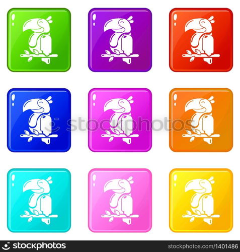Parrot icons set 9 color collection isolated on white for any design. Parrot icons set 9 color collection