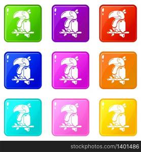 Parrot icons set 9 color collection isolated on white for any design. Parrot icons set 9 color collection