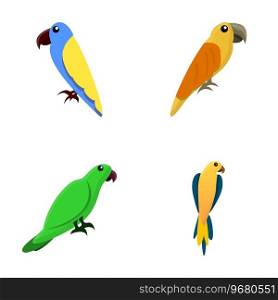 Parrot icons set cartoon vector. Bright tropical bird. Jungle and tropical forest wildlife. Parrot icons set cartoon vector. Bright tropical bird