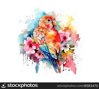 Parrot in flowers watercolor. Vector illustration design.
