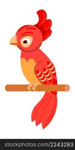 Parrot on wooden stick. Red bird in cartoon style isolated on white background. Parrot on wooden stick. Red bird in cartoon style