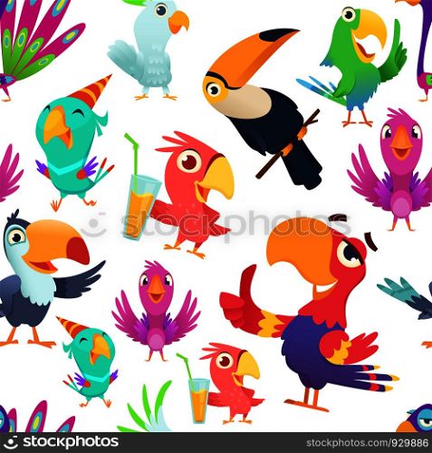 Parrots pattern. Toucan tropical colored birds summer exotic seamless vector illustrations in cartoon style. Exotic bird parrot, macaw and toucan. Parrots pattern. Toucan tropical colored birds summer exotic seamless vector illustrations in cartoon style