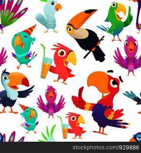 Parrots pattern. Toucan tropical colored birds summer exotic seamless vector illustrations in cartoon style. Exotic bird parrot, macaw and toucan. Parrots pattern. Toucan tropical colored birds summer exotic seamless vector illustrations in cartoon style