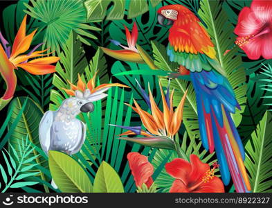 Parrots with tropical plants vector image