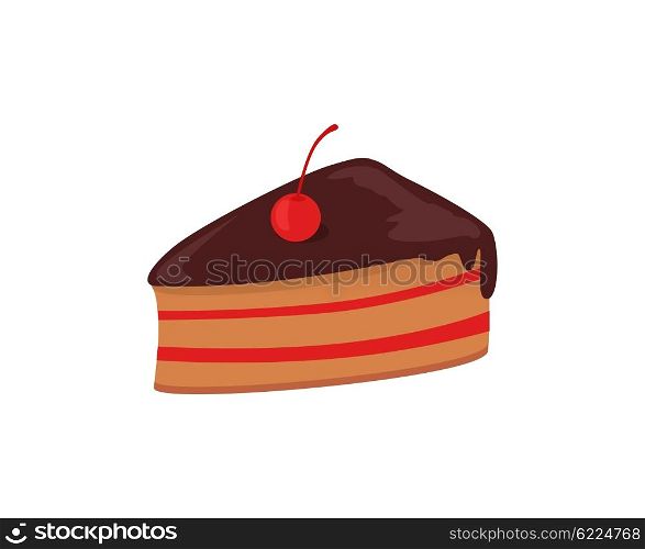 Part of cake with cherry design. Birthday or wedding cake slice, chocolate dessert cookies, cherry and chocolate, food sweet pie with, cream and fruit vector illustration