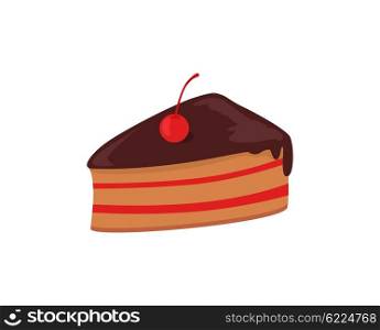 Part of cake with cherry design. Birthday or wedding cake slice, chocolate dessert cookies, cherry and chocolate, food sweet pie with, cream and fruit vector illustration