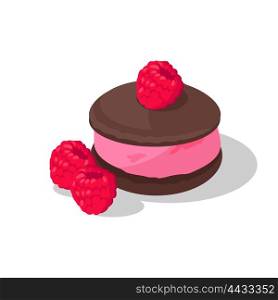 Part of cake with raspberry design. Birthday or wedding cake slice, chocolate dessert cookies, raspberry and chocolate, food sweet pie with, cream and fruit vector illustration