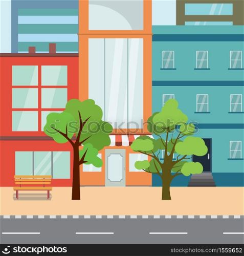Part of empty city street.Houses,road and trees,flat vector illustration. Part of empty city street.