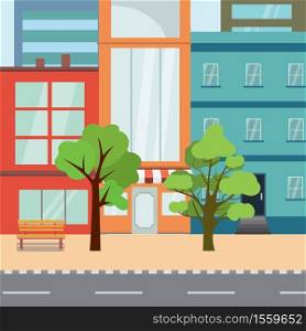 Part of empty city street.Houses,road and trees,flat vector illustration. Part of empty city street.