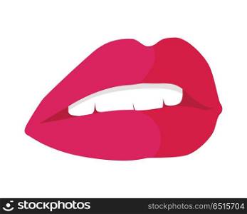 Parted Lips Painted with Red Lipstick. White Teeth. Parted lips painted with red lipstick and white teeth. Smile with white tooth design flat. Open mouth with red lips biting. Dental and smile, healthy teeth, beauty and care smile. Vector illustration