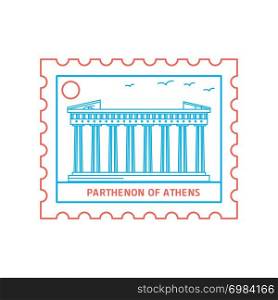 PARTHENON OF ATHENS postage stamp Blue and red Line Style, vector illustration
