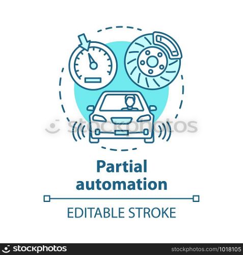 Partial automation concept icon. Vehicle with cruise control and parking sensors. Electronic car systems for driver idea thin line illustration. Vector isolated outline drawing. Editable stroke