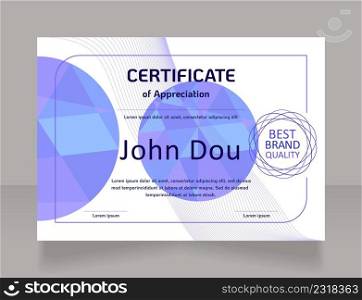 Participant appreciation certificate design template. Vector diploma with customized copyspace and borders. Printable document for awards and recognition. KoHo, Calibri Regular fonts used. Participant appreciation certificate design template