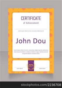 Participant certificate design template. Vector diploma with customized copyspace and borders. Printable document for awards and recognition. Bahnschrift Semi-Light Condensed, Arial Regular fonts used. Participant certificate design template