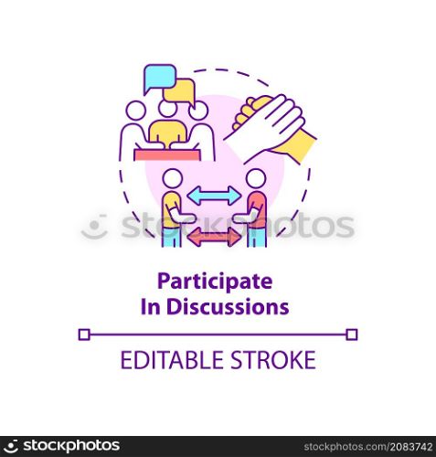 Participate in discussions concept icon. Attending support group abstract idea thin line illustration. Isolated outline drawing. Editable stroke. Roboto-Medium, Myriad Pro-Bold fonts used. Participate in discussions concept icon